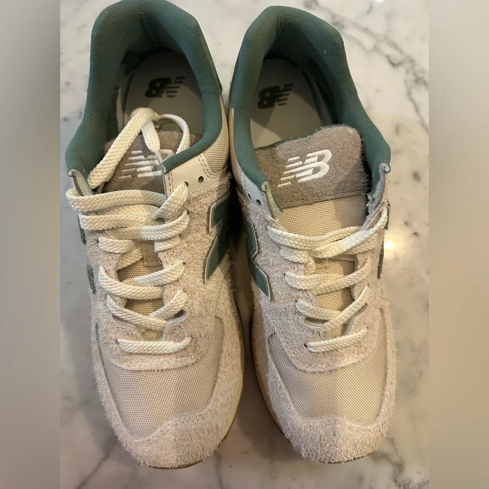 New Balance 574 Cream and Green Retro Runner Sneakers